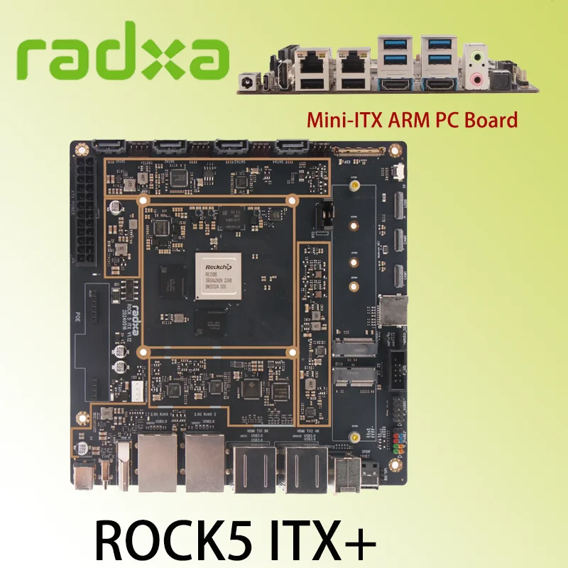 ROCK Pi 5 ITX+ RK3588 Radxa 8 コア CPU Mini-ITX マザーボード、LPDDR5 RAM、8K HDMI、デュアル M.2 M キー コネクタ