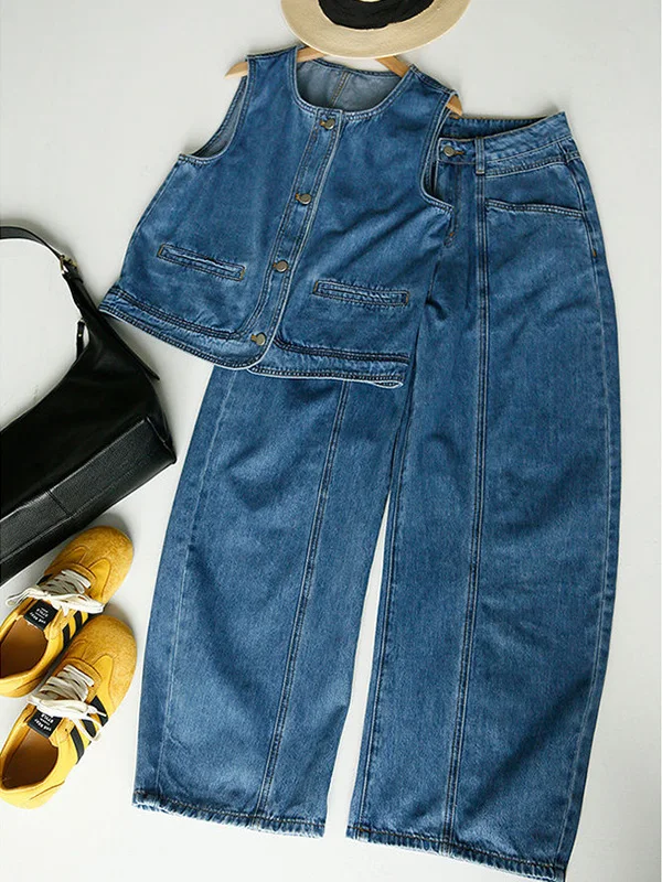

Blue Denim Vest And Pants Set Summer Fashionable Mature Light Maturity Complete Matching Set a Style Salt System Commute Casual