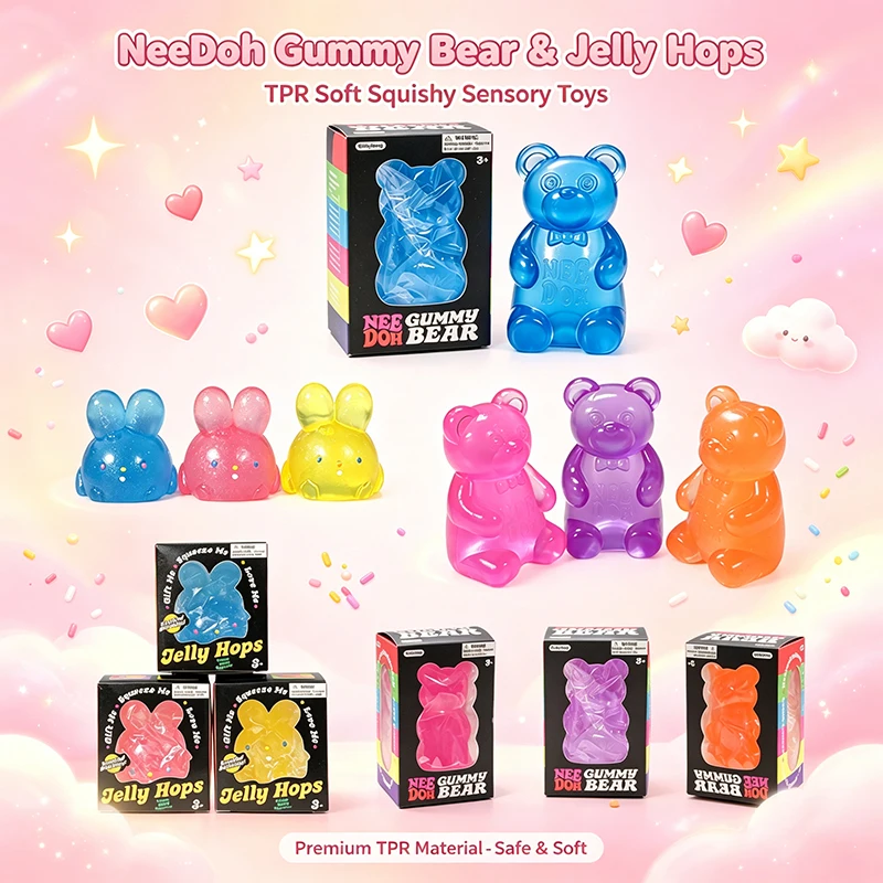 Needoh Gummy Bear Jelly Bunny Toy Assorted Colors Cute TPR Squishy Stretchy Stress Relief Autism Sensory Non-toxic Party Favors