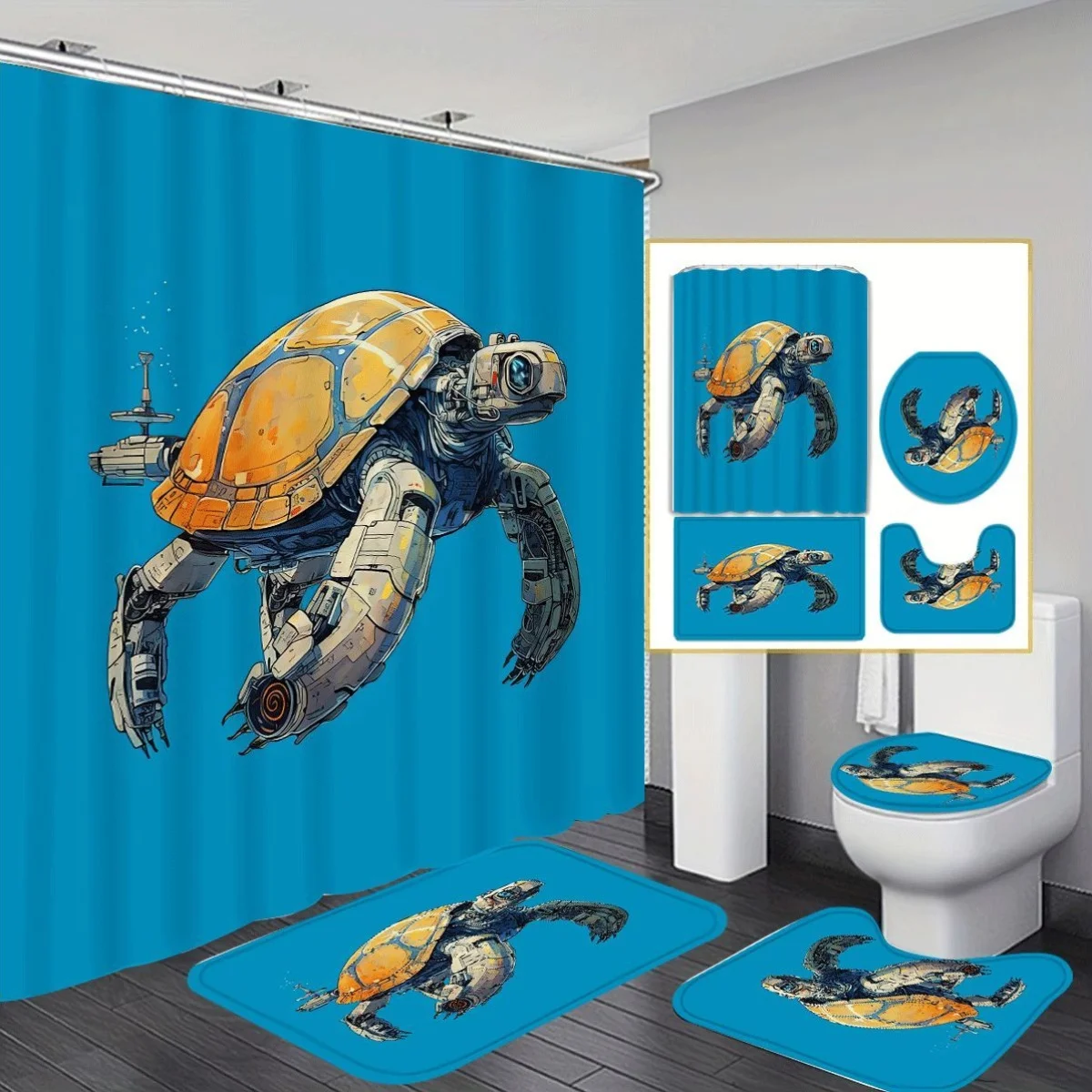 

Красочный полиэстер с рисунком черепахи, моющийся, домашний декор для душа в ванной комнате с 12 крючками, нескользящий коврик для ванной, U-образный унитаз