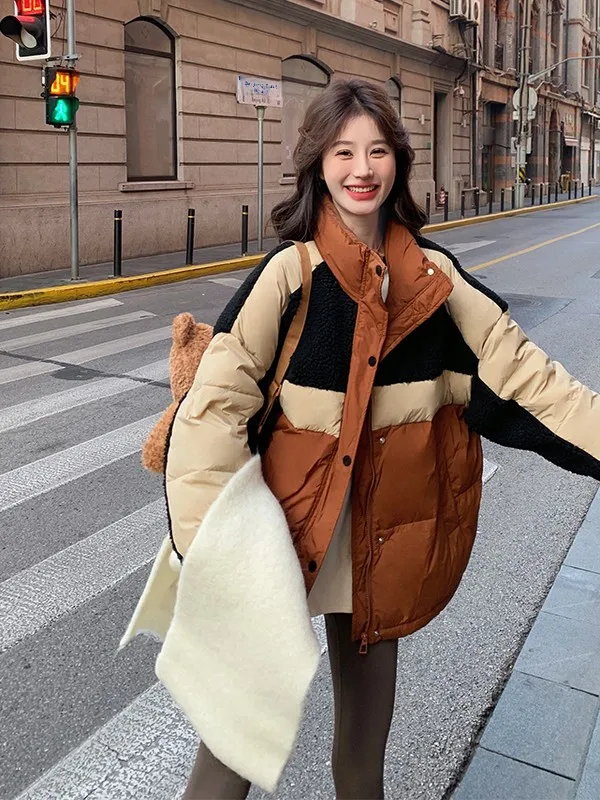 

Lamb Fur Spliced Color Block Women's Short down Jacket Winter Fashion Design Warm Slimming Outerwear Korean Style Straight Cut