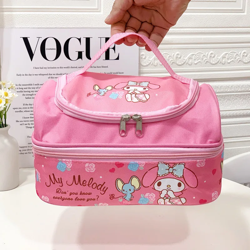 Cute Sanrio Kuromi Lunch Bag Cartoon My Melody Cinnmoroll Double-Layer Travel Thermal Breakfast Box Large Capacity Tote Food Bag