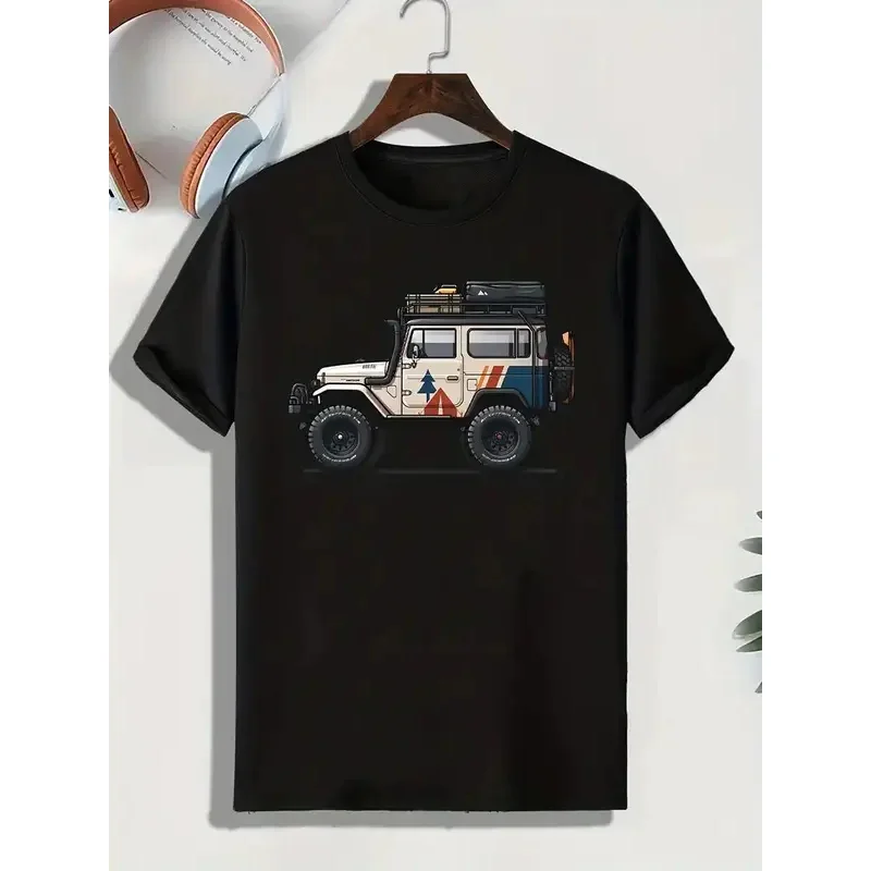 

Men's stylish car print T-shirt-comfy summer wear, crew neck, perfect for casual outings & resort vacations