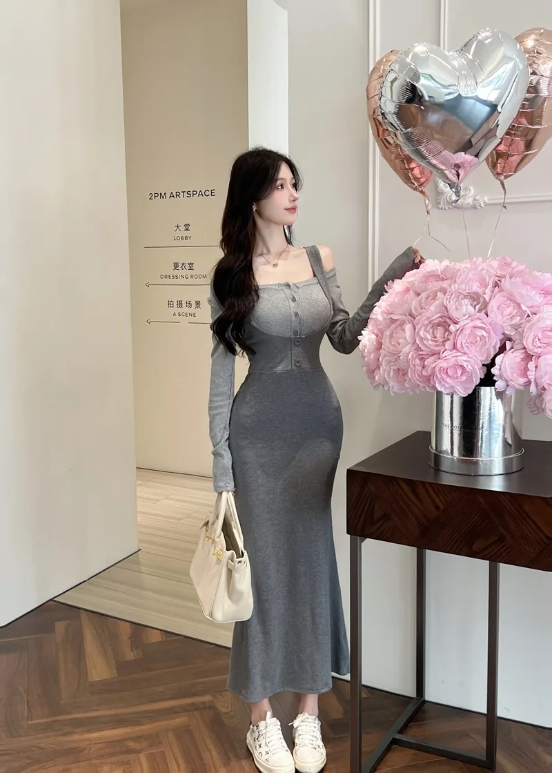 

Sweet Hot Girl Suit Women's Spring Solid Slash Neck Long-sleeve T-shirt Wrap Hip Strap Dress 2-piece Set Fashion Female Clothes