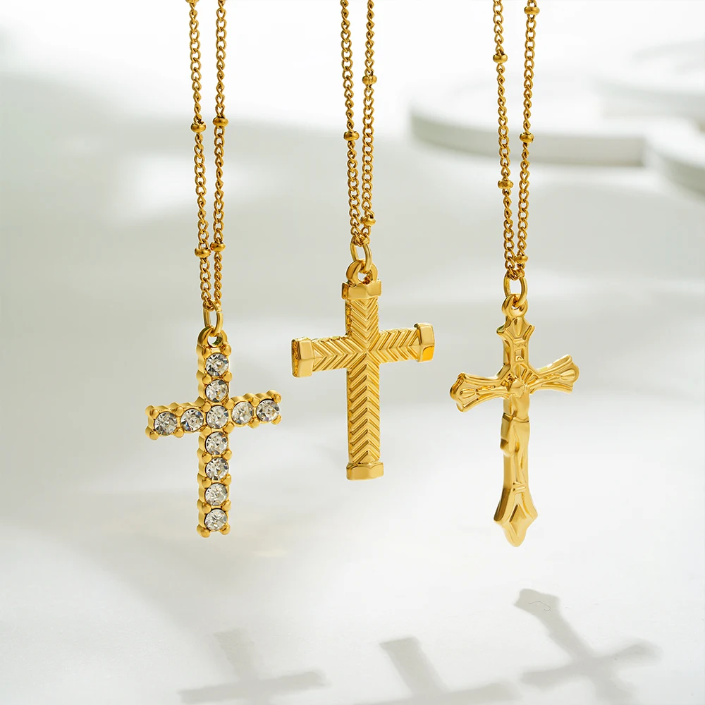 

Fashion Cross Pendant Necklace for Women Men Stainless Steel Gold Plated Zircon Jesus Collar Neckalces Trend Couple Jewelry
