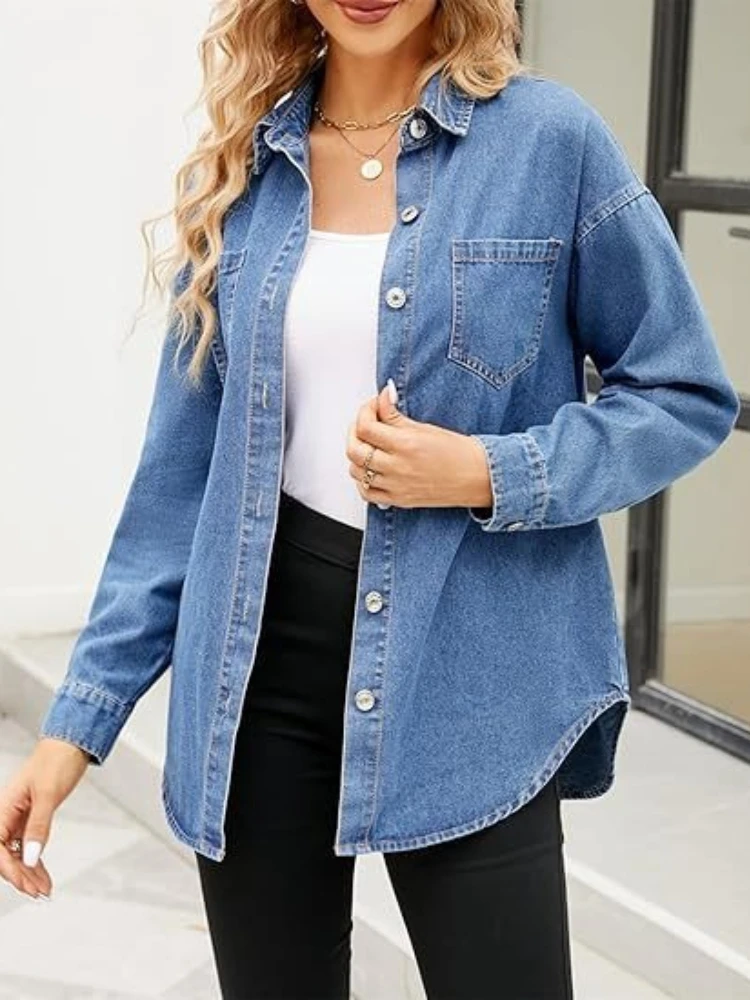 New Washed Loose Long-sleeved Denim Shirts for European American Women, Spring and Autumn Fashionable Four-button Shirt Jackets view 6