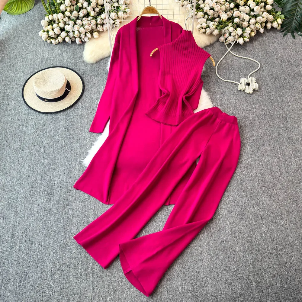 Chic Women Three-Piece Sets Long Sleeve Knit Open Stitch Coat Slim Half High Collar Vest High Waist Flare Pants Casual Clothing