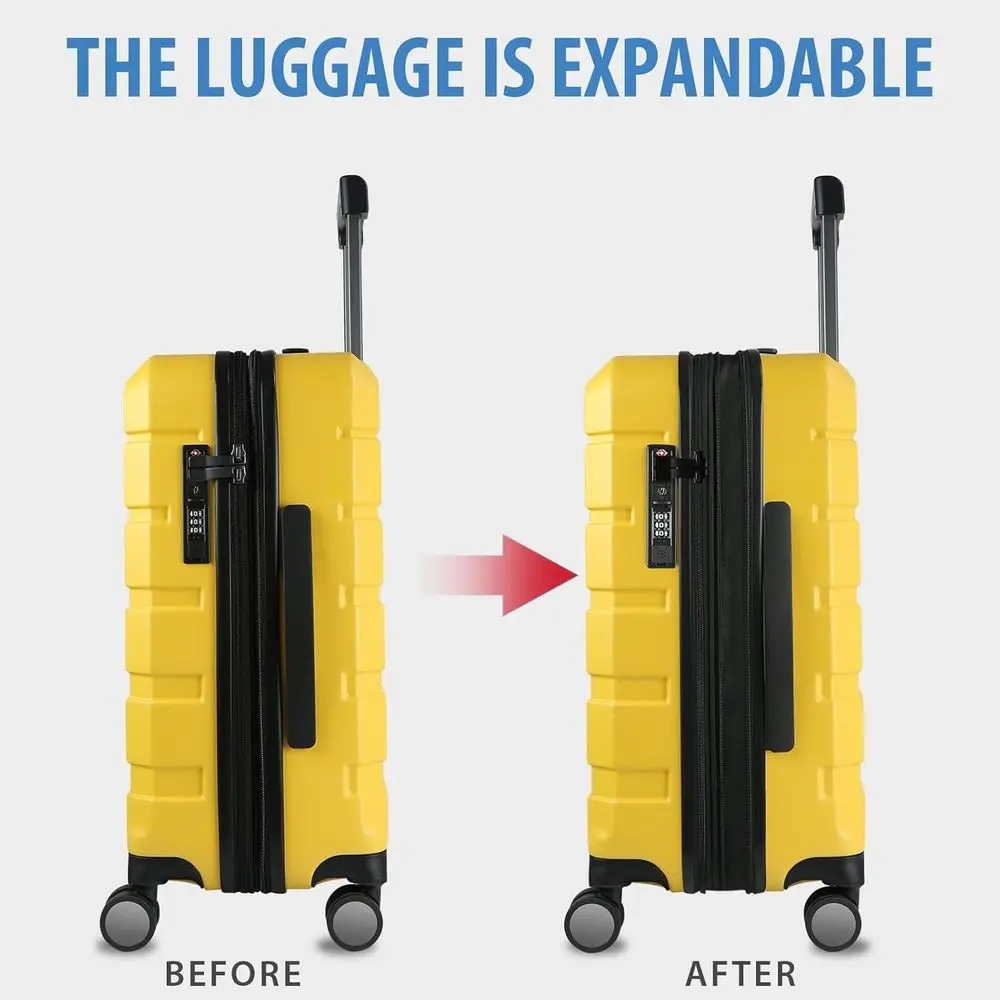 Expandable 20-Inch Yellow Hardshell Luggage with Spinner Wheels, Built-in TSA Lock, and USB Port