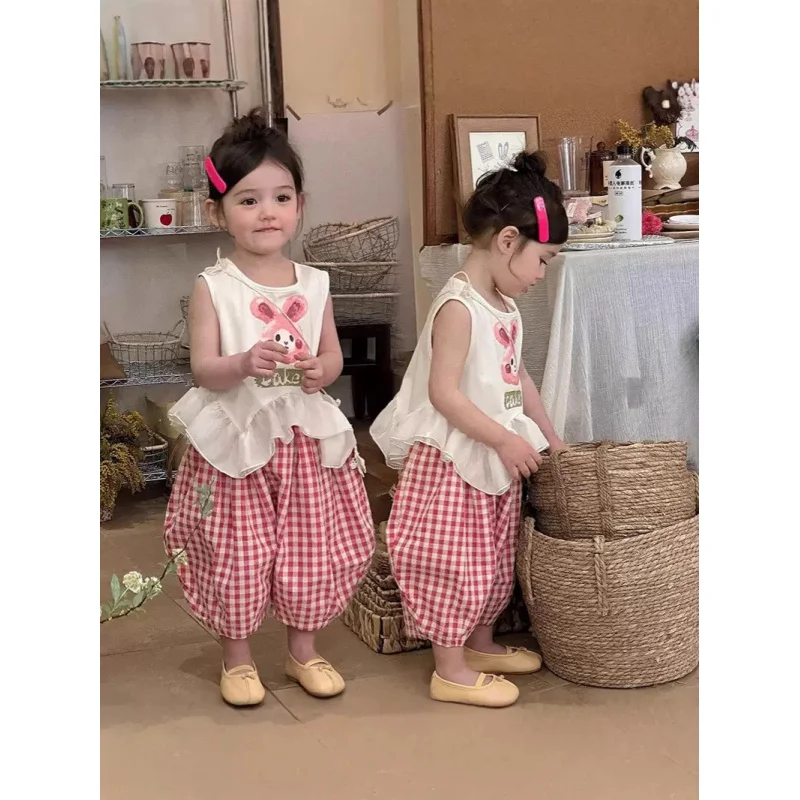 

Girls' Summer Outfit Set2025New Style Girl Patchwork Vest Fashionable Lantern Plaid Pants Two-Piece Set Trendy