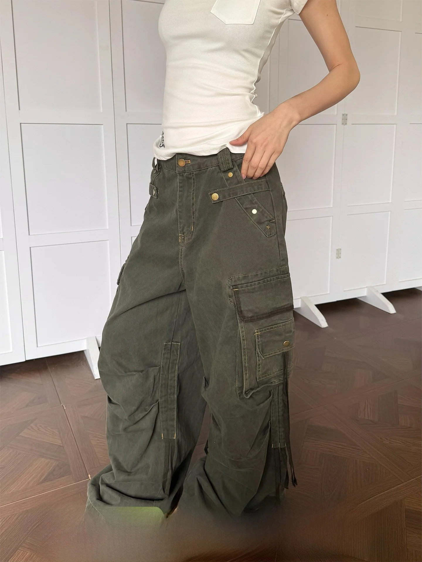 

Don Cry Casual Wide Leg Workwear Trousers Loose Straight Cut Men's Women's American Pleated Sash Design Long Pants