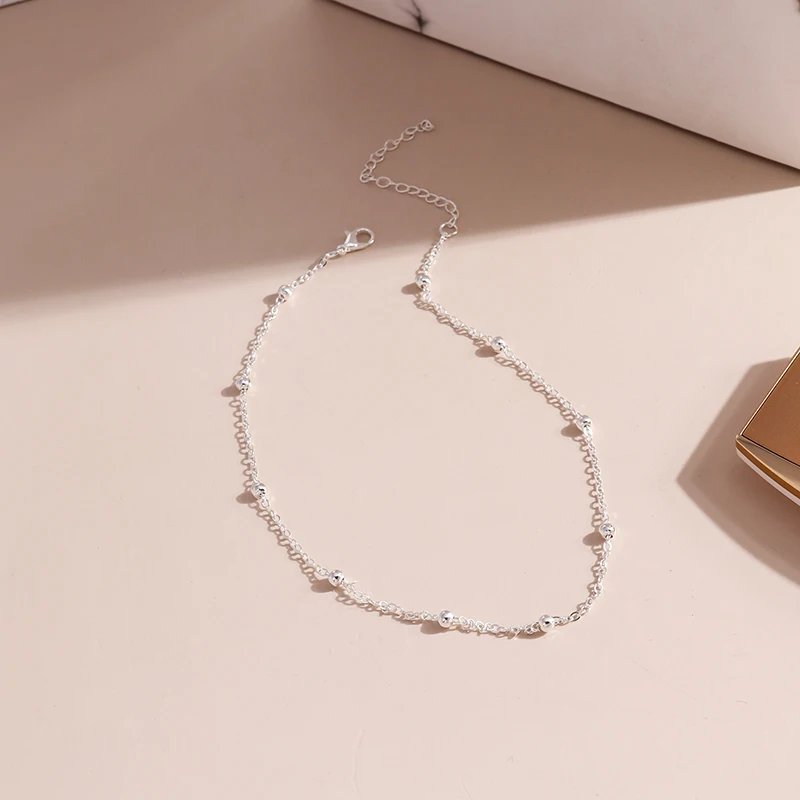 Aihua Einfache Kupfer Perlen Kette Choker Halskette für Frauen Männer Kpop Mode Silber Farbe Kleine Kugel Kurze Schlüsselbein Kette Halskette – Detail 4