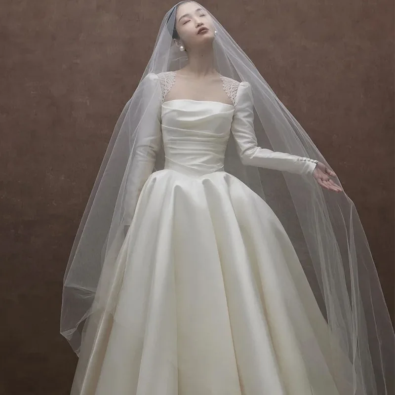 Boda de satén de seda Dr 2024 nuevo vestido de novia ligero Vintage Sle tamaño pequeño largo Sve Fing Princ traje de mujer