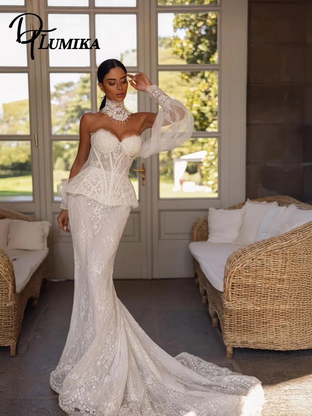 

Glamorous Lace Sequin Wedding Dress Luxurious Off-Shoulder Bridal Gown Chic Mermaid Floor-Length Wedding Gown Customized