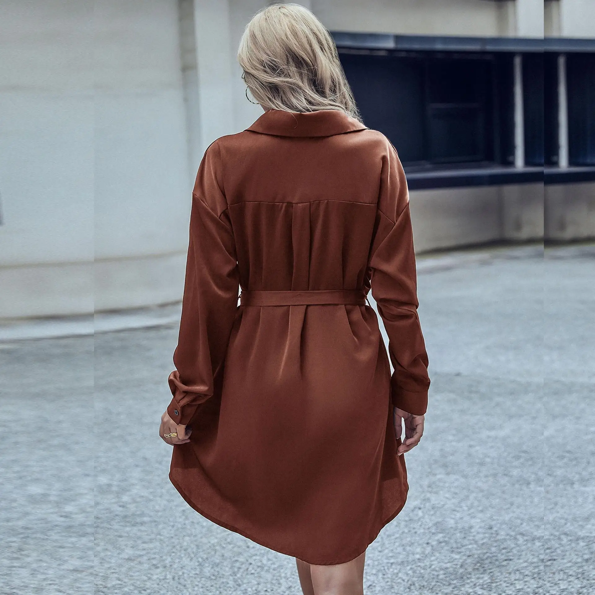 طقم تنورة نسائية للتنقل Sle irt Dr طقم طويل بياقة قلابة من نسيج البوليستر ملابس منزلية غير رسمية ملابس صيفية