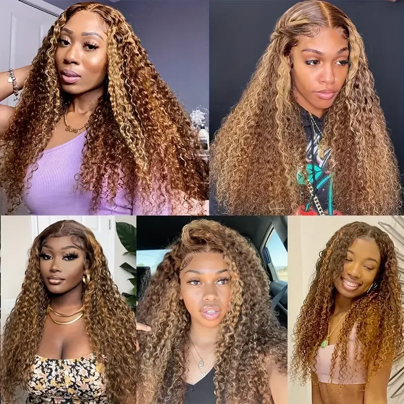 P4/27 Ombre Honey Blonde Kinky Curly Bundles With Closure Transparent Lace Highlight Hair Bundles With Frontal Brazilian Hair