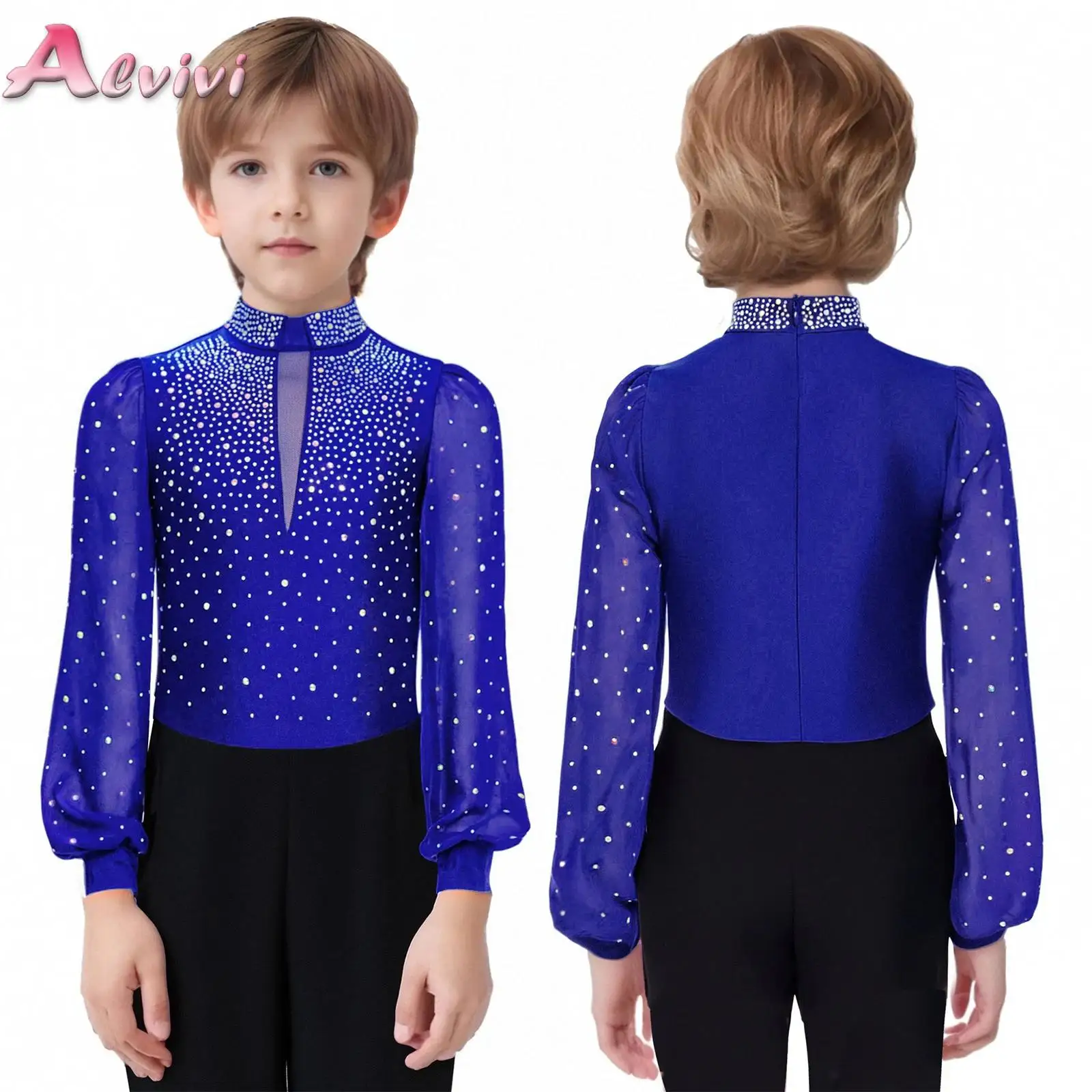 Kids Boys Rhinestones Bodysuit Leotard Rhythmic Gymnastics Artistic Figure Skating Ballet Jersey Latin Dance Practice Costume