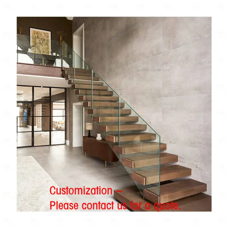 custom.Modern Style Iron and Wooden Tread Floating Staircase with Glass Railing Indoor Use in Apartments Halls