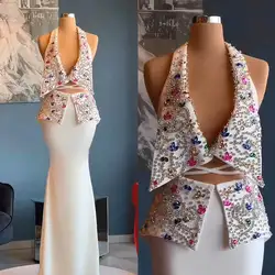 Colorful Mermaid Two Piece Evening Dress Beaded Crystal Halter Prom Gowns Lace Up Formal Dresses Vestido De Novia Custom Made