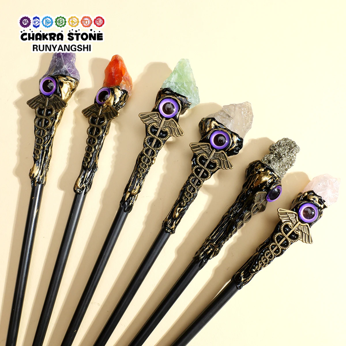1PC Natural Crystal Eye Of The Devil Scepter Witch Magic Stick Fairy Wand Prop Wood Stick Hallowmas Gift DIY Household Supplies