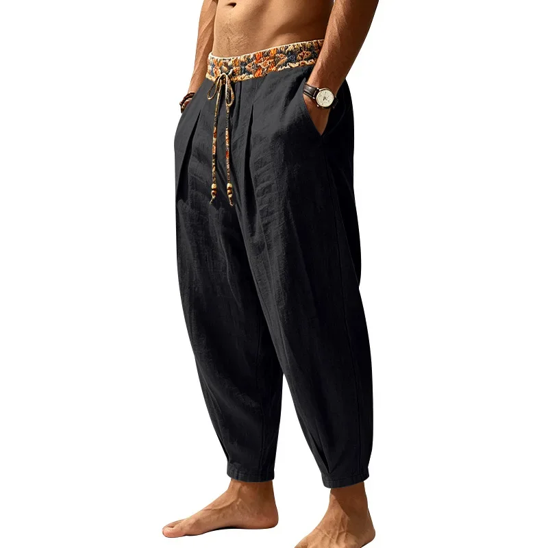 Herren 95% Leinen Haremshose Boho Blumenmuster Kordelzug Taille Lässige Weite Hose Strand Urlaub Knöchellange Hose – Detail 5