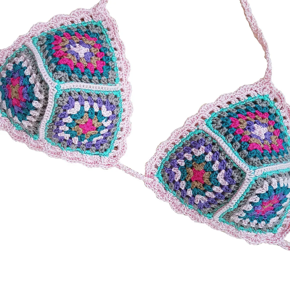 DIY handmade Crochet knitting bikini small fresh retro patchwork bra women's beach sexy underwear