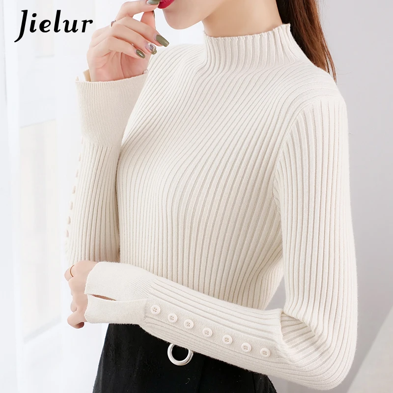 New Semi Turtleneck Women\'s Sweaters Pullover Korean Slim Warm Basic Knitwear Fall Brown Black Sweater Female Button S-XL