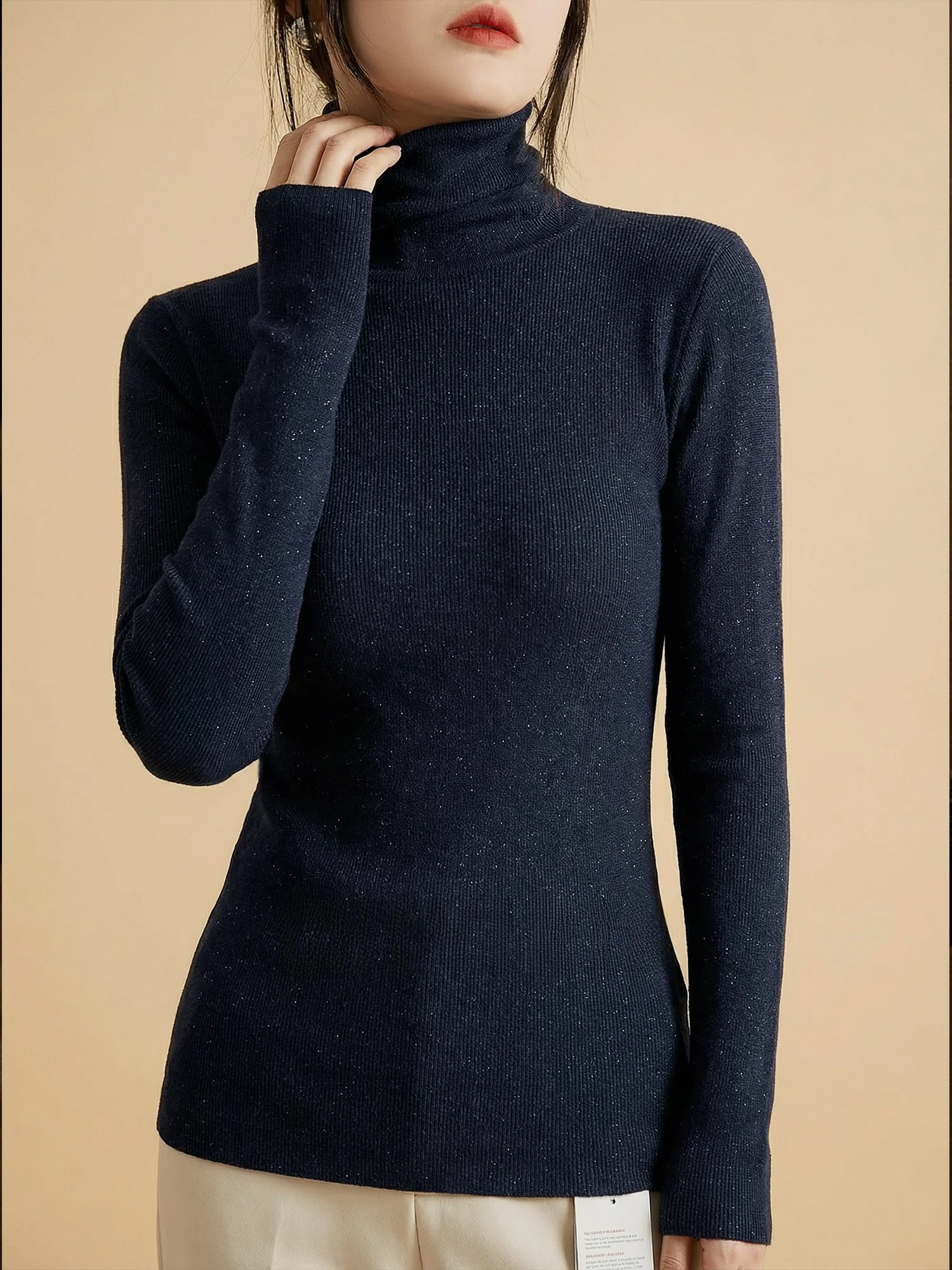 

Chivirin Ele High Ne Long Sve Knitted Top Women's Slim Fit Versatile Base Layer Faionable Casual Sle Polyester F...