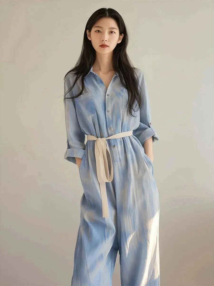Simple Commute Summer Jumpsuits 2025 New Loose Thin Contrasting Color Versatile Lace Up Curled Sleeve Shirt Jumpsuit 2XL