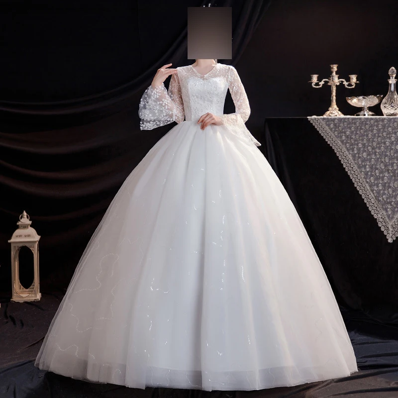 GUXQD abito da ballo bianco abiti da sposa donna Tulle lucido maniche lunghe abiti da sposa formale Vestido De Noiva Robe Mariage