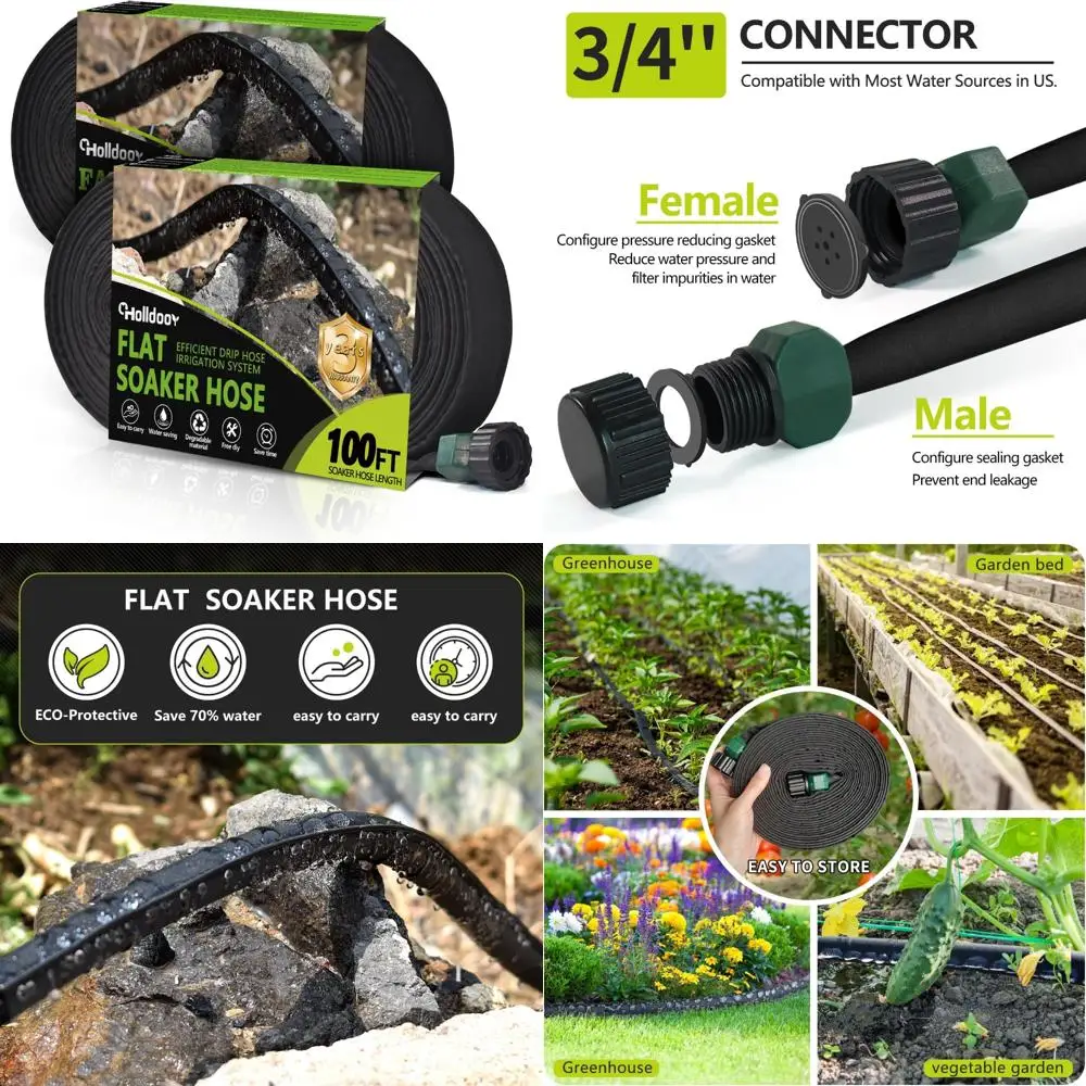 

Water Saving Soaker Hoses, 100ft x 2 Pack, Flat Drip Line for Lightweight Garden Irrigation, 200ft Total Length