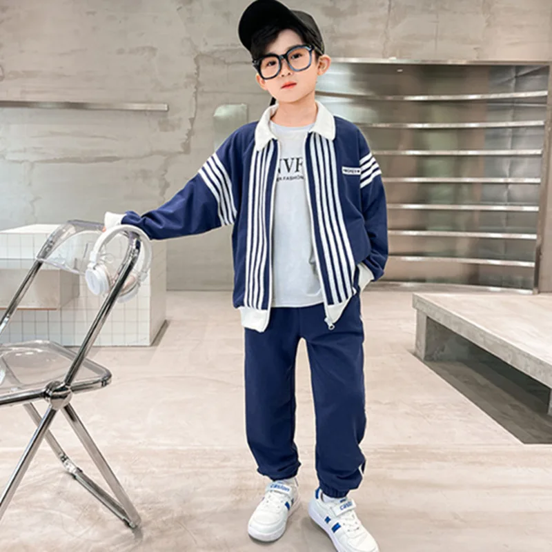 Boys Suit Coat +Pants Cotton 2Pcs/Sets 2023 Navy Blue Spring Autumn Sports Sets Windproof Thicken Children Clothing