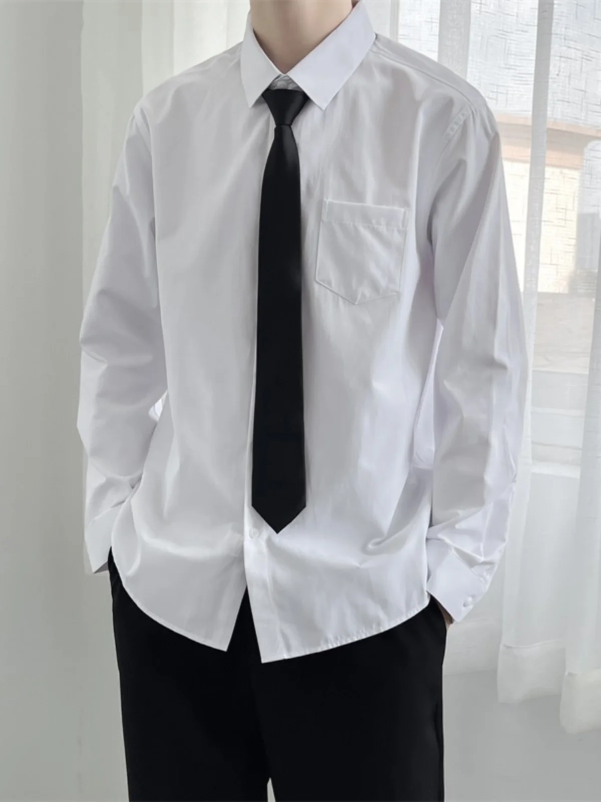 

White Long Sve Men's irt Loose Pure Color Tie Couple's Outfit Street Sle Trendy Japanese Brand Summer Youth Faion