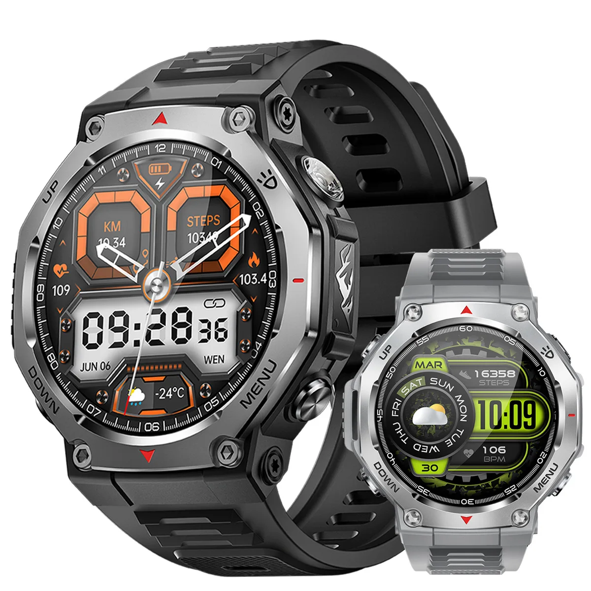 2025 New KT85 Smart Watch with AMOLED Screen Strong Flashlight, 5ATM Waterproof Silicone Strap BT Call APP Dafit Fitness Watch