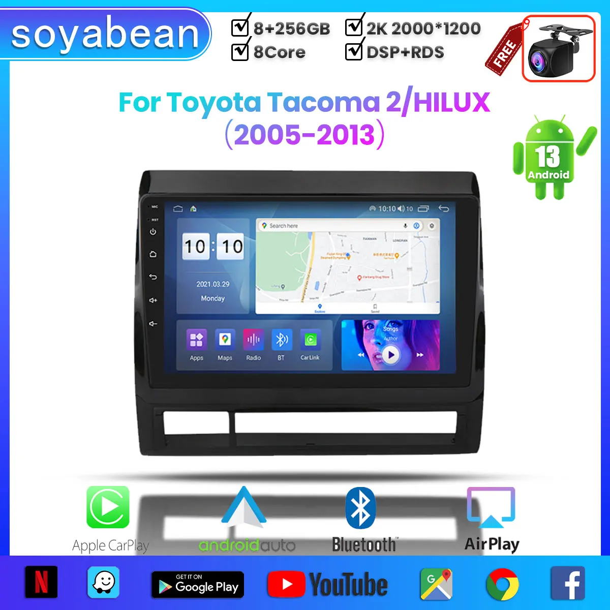 

Android 13 Car Radio for Toyota Tacoma 2 Hilux 2005-2013, 9inch 2K Multimedia Player with 4G Carplay & 2Din GPS Navigation