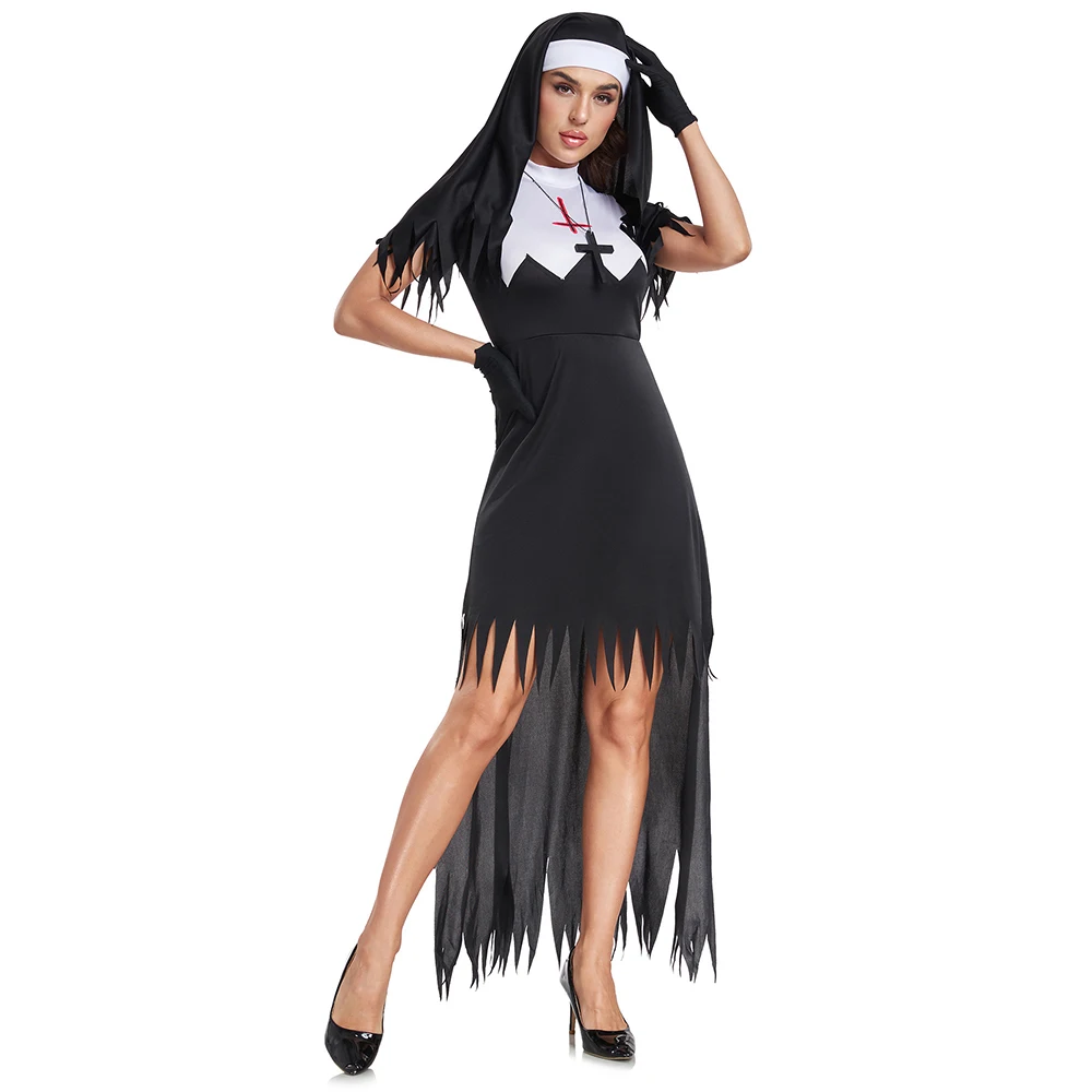 Freira Halloween Cosplay Fantasia, Preto, Medo, Irmã pecaminosa Trajes, Vampiro Demônio, Vestido extravagante