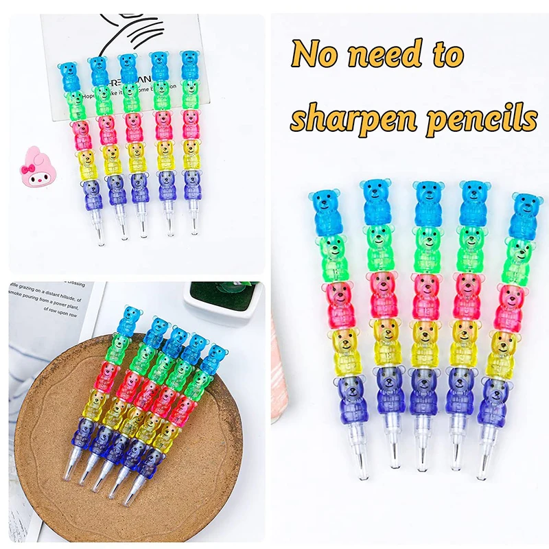 20Pcs Stackable Plastic Pencils Kids Bear Shaped Stacking Pencil 5 in 1 Point Pencils for Birthday Party Supplies