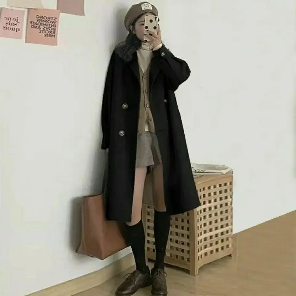 Podzimní zimní zahuštěný vlněný kabát, ležérní, středně dlouhý dámský svrchní oděv, styl Hebe, teplá volná polyesterová bunda - náhled 4