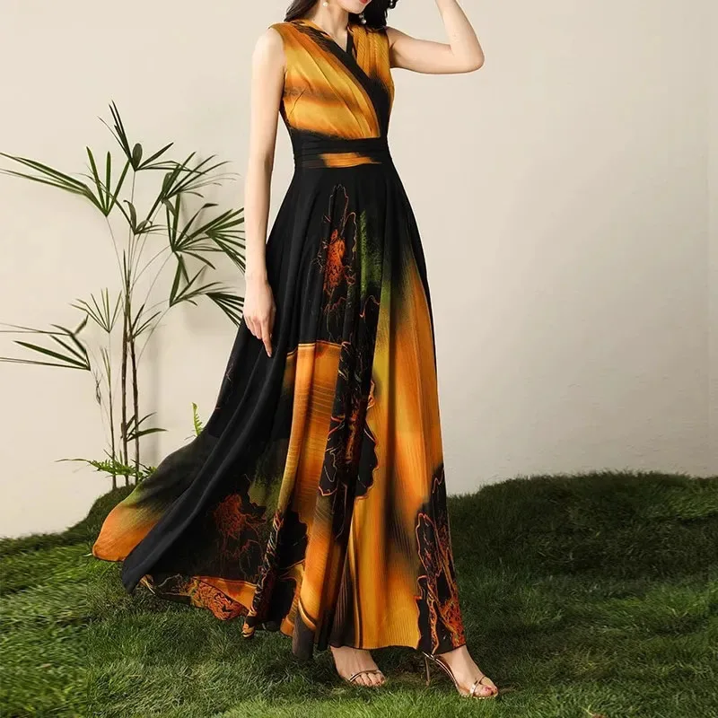 Fashion High-End Design Sleeveless Ladies Dress 2024 New Royal Sister V-Neck Temperament Slim And Luxurious Printed Long Skirt