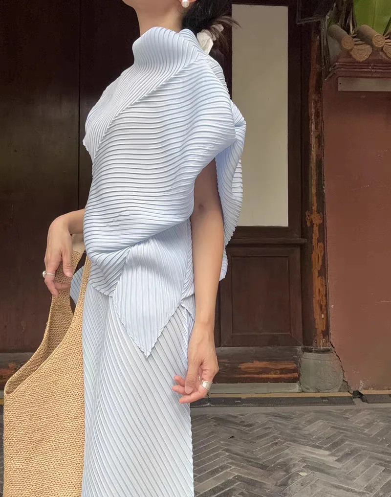 Pleated T-Shirt 2026 Summer New Japane Irregular Cut Pile Collar Top Simple Fashion Lightweight Wrinkle-Free Women Skirt