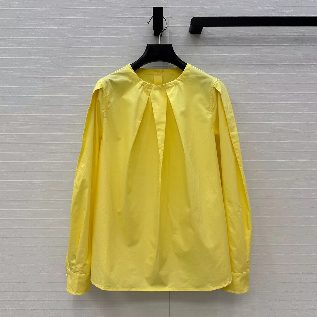 

Women's round neck pleated long sleeves rear single-breasted loose casual shirt 2025 new autumn fashion top