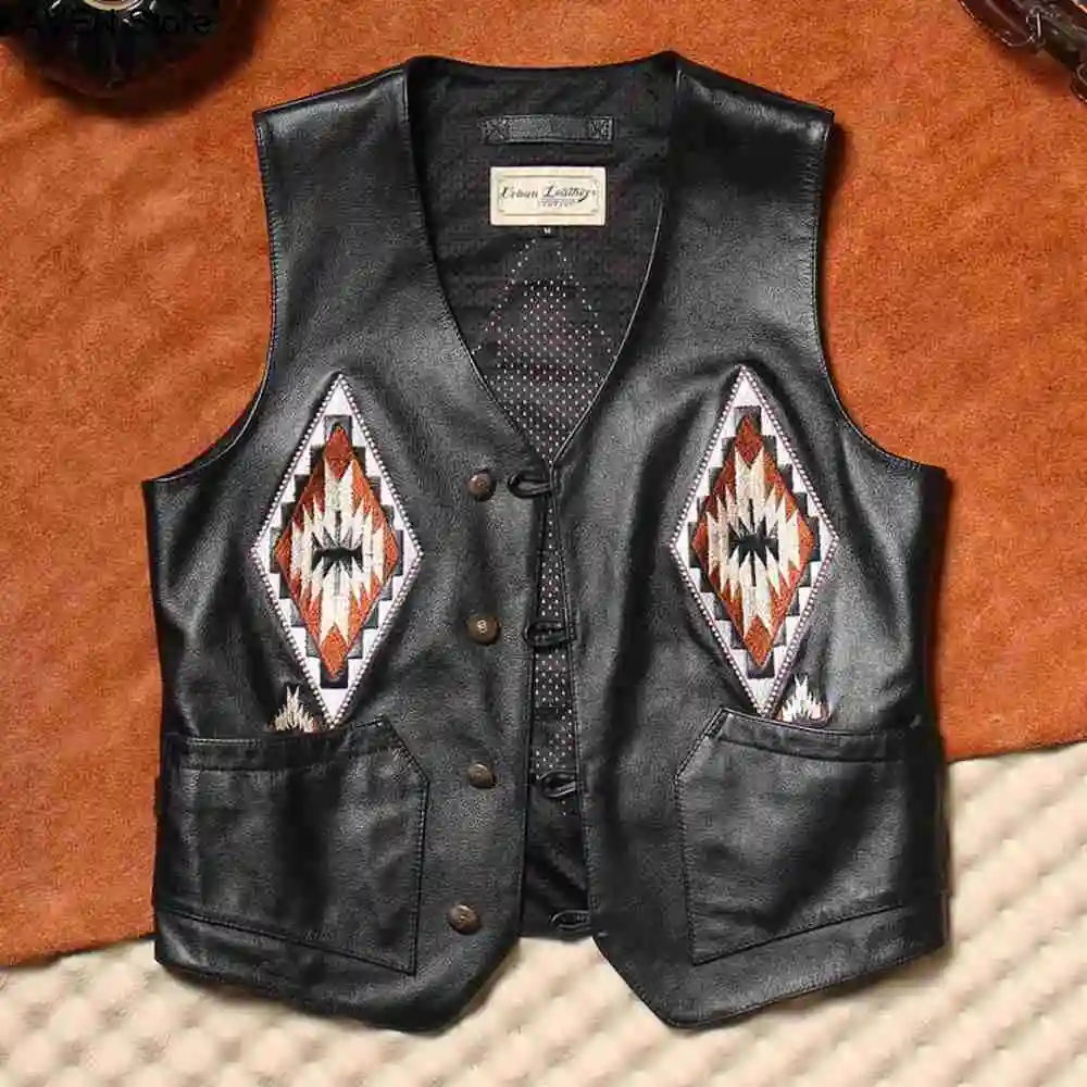Vest American Leather Retro Men's Patchwork Embroidery Navajo Sle Western Cowboy V-ne Genuine oulder Pad 2026ss new Premium qual