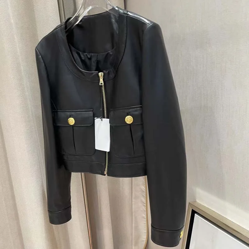 Luxury Fashion Women Coat Spring 2024 New Fashion O-Neck Collar Clothes Short Length Two Big Pockets Long Sleeeve