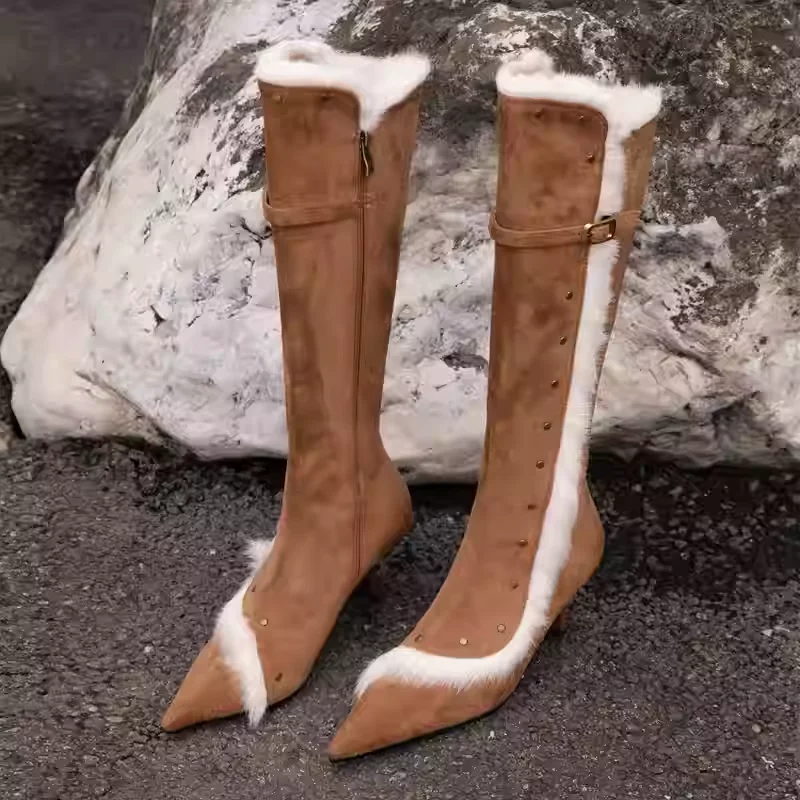 

Fashion Pointed-Toe Side-Zip Knee-High Boots with Frayed Trim Buckle Detail Women's Stiletto Heel