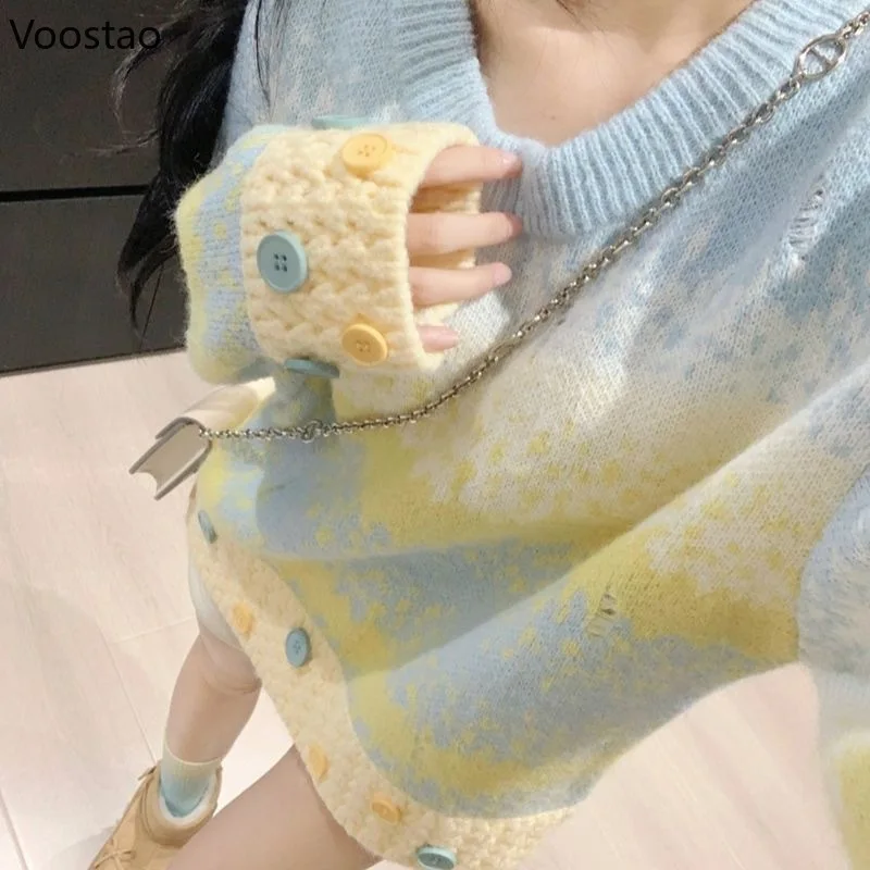 

Autumn Winter Sweet Sweater Women Casual O-Neck Gradient Color Button Knitted Pullovers Korean Female Trend Loose Knitwear Tops