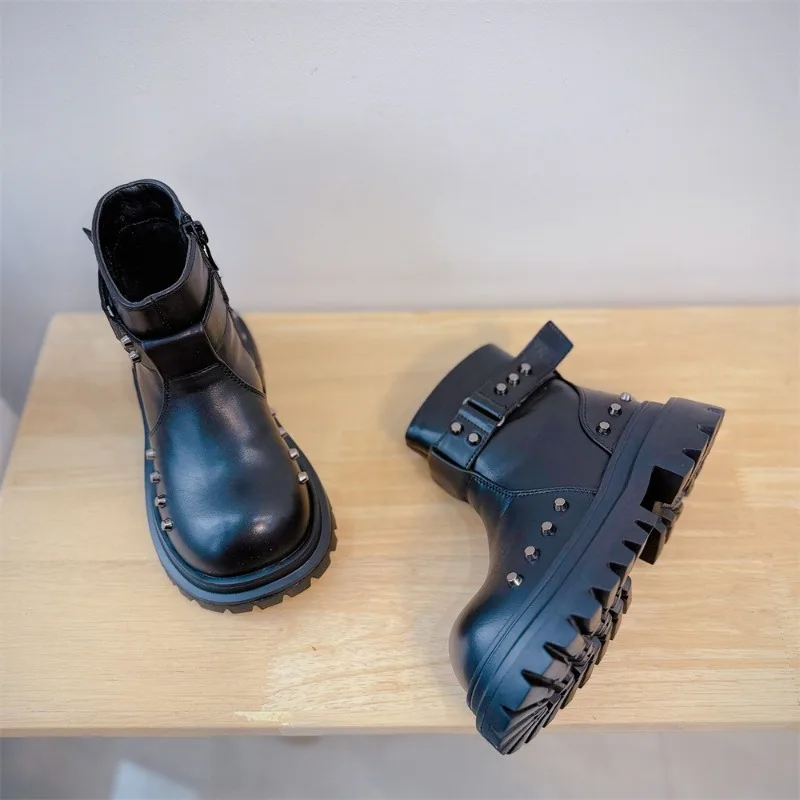 Winter Children's Shoes Genuine Leather Casual Fashion Rivet Snow Chelsea Ankle Boots Boys Girls Cowhide Outdoor Kids Shoes Baby