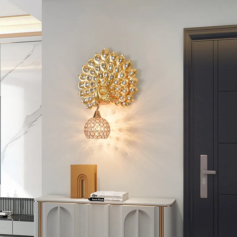 Creative Peacock Wall Lamp European Living Room Background Light Retro Luxury Decoration Bedside