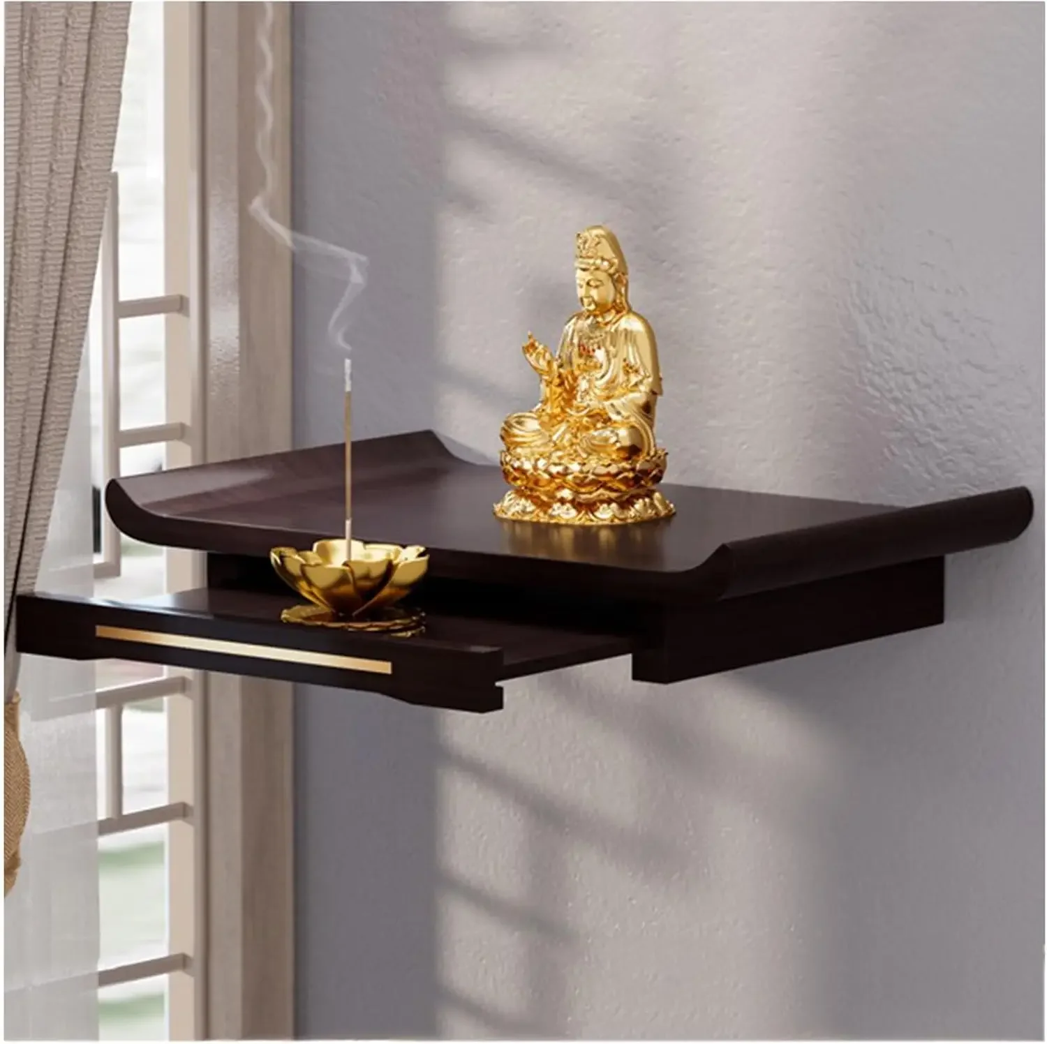 Hand-Carved Solid Wood Wall-Mounted Buddha Altar Shelf – Decorative Display Stand for Statues, Personal Meditation Shrine, Offer