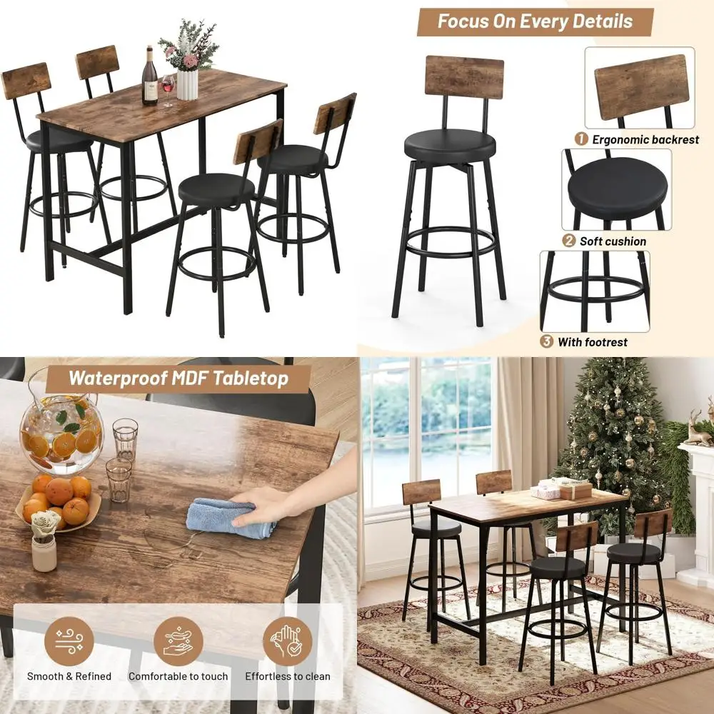

5-Piece Dining Set, Bar Table with 4 Stools, Kitchen Table and Chairs, Counter Height High Top Table, Space-Saving Pub Sets for