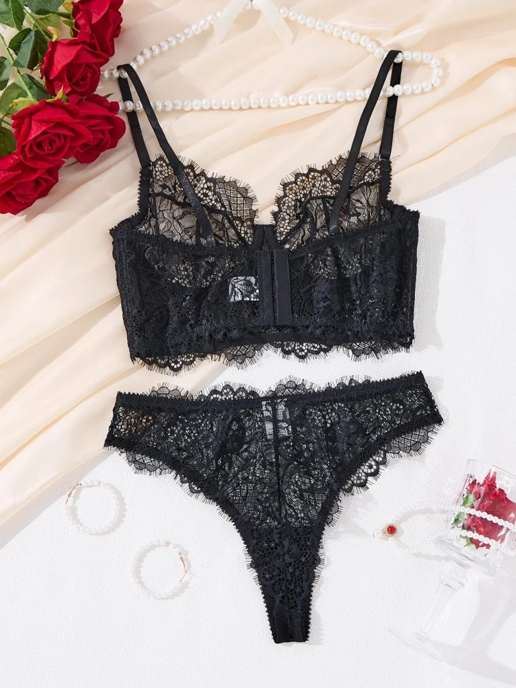 섹시 란제리 여성 매력적인 블랙 레이스 속옷 울트라 씬 시스루 브라 팬티 세트 2피스 에로틱 란제리 친밀한 의상