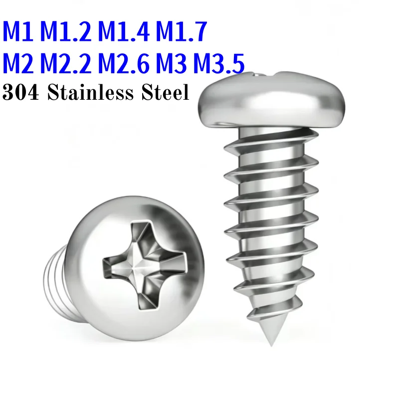 M1 M1.2 M1.4 M1.7 M2 M2.2 M2.6 M3 M3.5 Small 304 Stainless Steel Cross Recessed Round Head Self-Tapping Screws